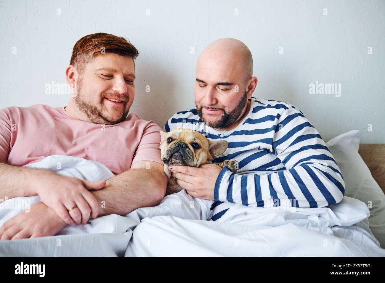 Zwei Männer halten einen kleinen Hund auf einem Bett. Stockfoto