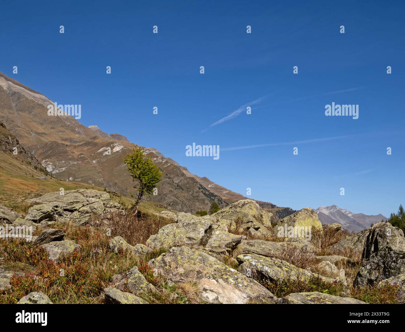 Blick auf die felsige Landschaft im Passeiertal bei Pfelders im Naturpark Texelgruppe, Südtirol, Italien Stockfoto