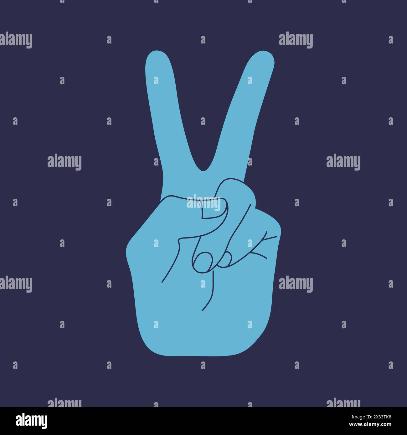 Menschliche Hand mit einer Geste V-Zeichen für Sieg oder Frieden isolierter blauer Hintergrund. Vektorabbildung Stock Vektor