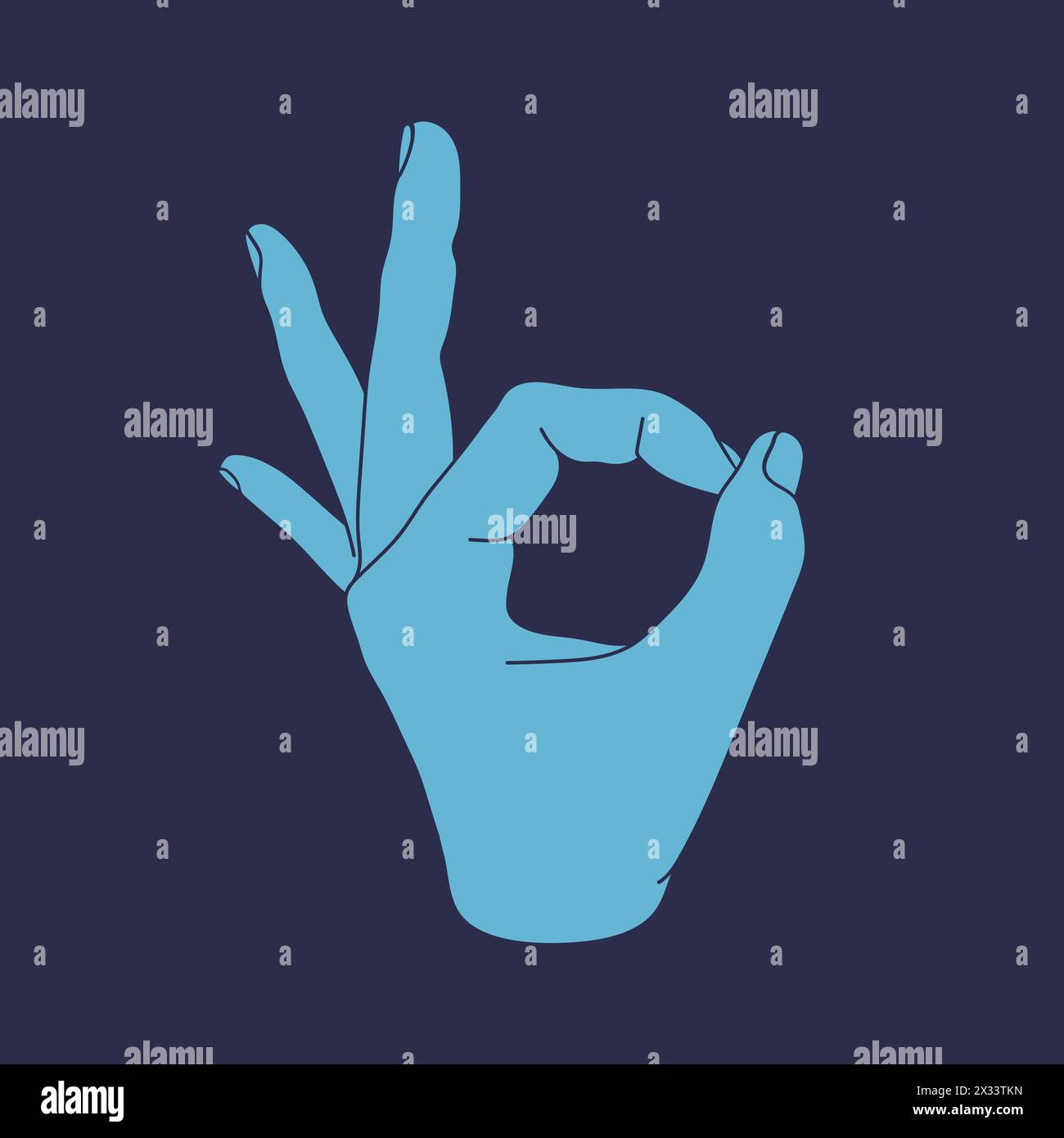 Hand mit OK-Gestenzeichen auf blauem Hintergrund isoliert. Handgezeichnete Vektorgrafik Stock Vektor
