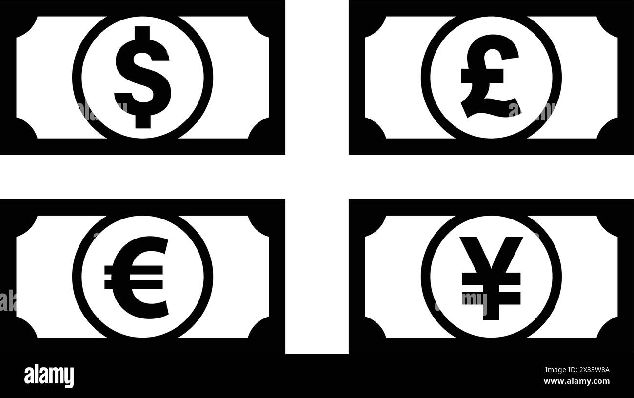 Verschiedene einfache Banknotensymbole setzen Dollar Euro Pfund Yen Geld Satz von 4 Vektor Ionen transparenten Hintergrund Stock Vektor