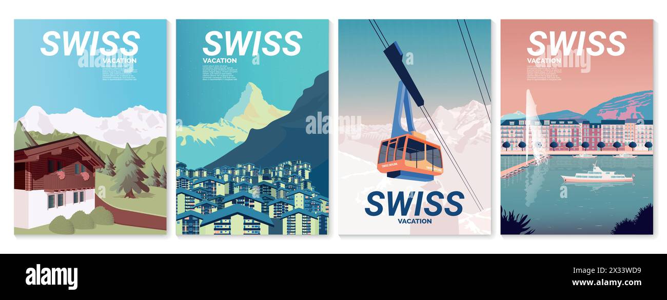 Schweizer Landschaften. Vektor für Poster, Cover, Postkarten Stock Vektor