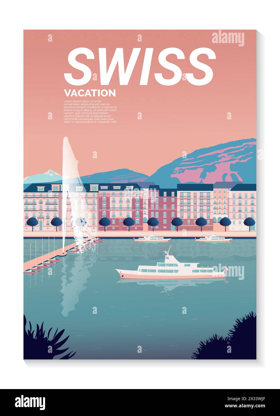 Schweizer Landschaften die Uferpromenade von Genf mit einem Brunnen und einem Boot. Vektor für Poster, Cover, Postkarten Stock Vektor