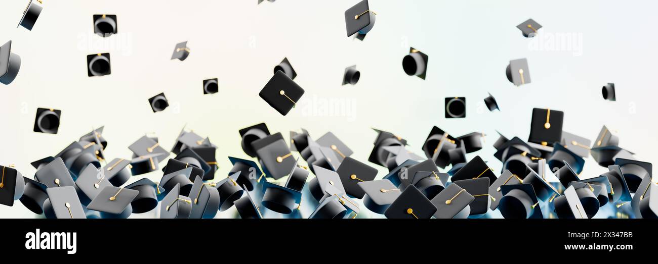 Graduierungskappen geworfen. Banner aus vielen Hüten.3d-Rendering Stockfoto