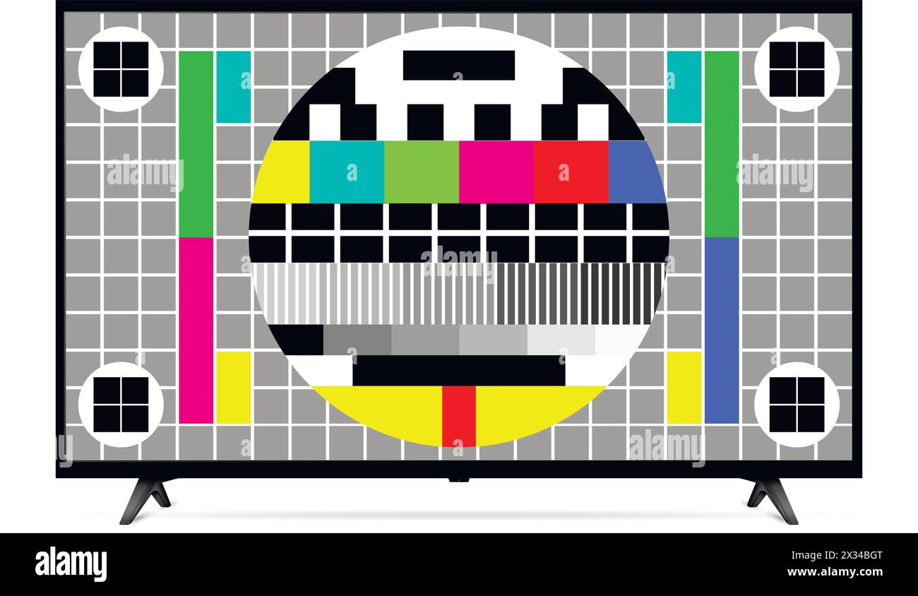 Der TV-Bildschirm zeigt das Testmuster der Bildschirmfarbe an. Vektorabbildung. Stock Vektor