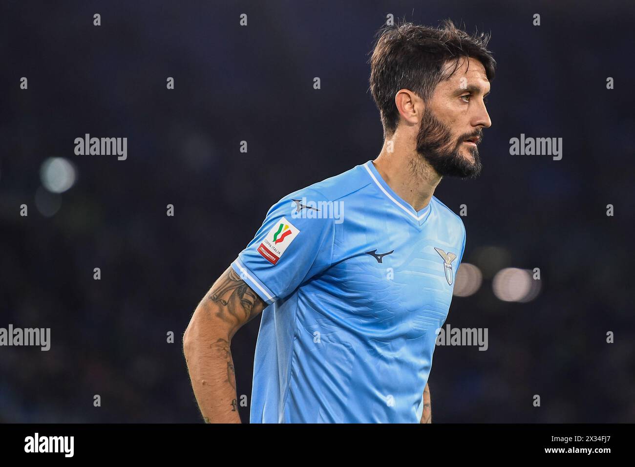 Lazios Luis Alberto reagiert auf das Coppa Italia Football Spiel zwischen SS Lazio und Juventus im Stadio Olimpico am 23. April 2024 in Rom Stockfoto