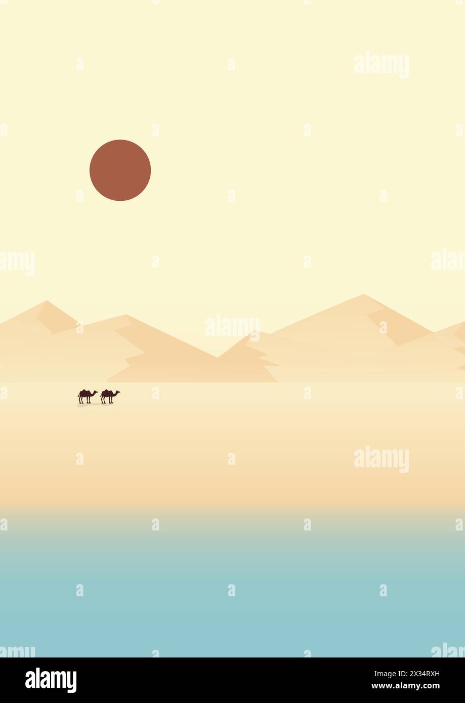 Wüstenlandschaft, Illustration der Morgendünen. Blick auf das Mittelmeer in der Nähe von Ägypten. Stock Vektor