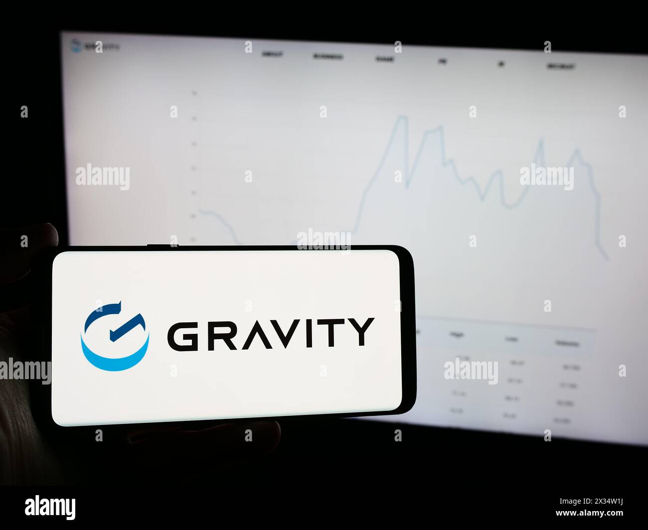 Person, die ein Mobiltelefon mit dem Logo der südkoreanischen Videospielfirma Gravity Co. Ltd. Vor der Webseite des Unternehmens hält. Schwerpunkt auf dem Display des Telefons. Stockfoto
