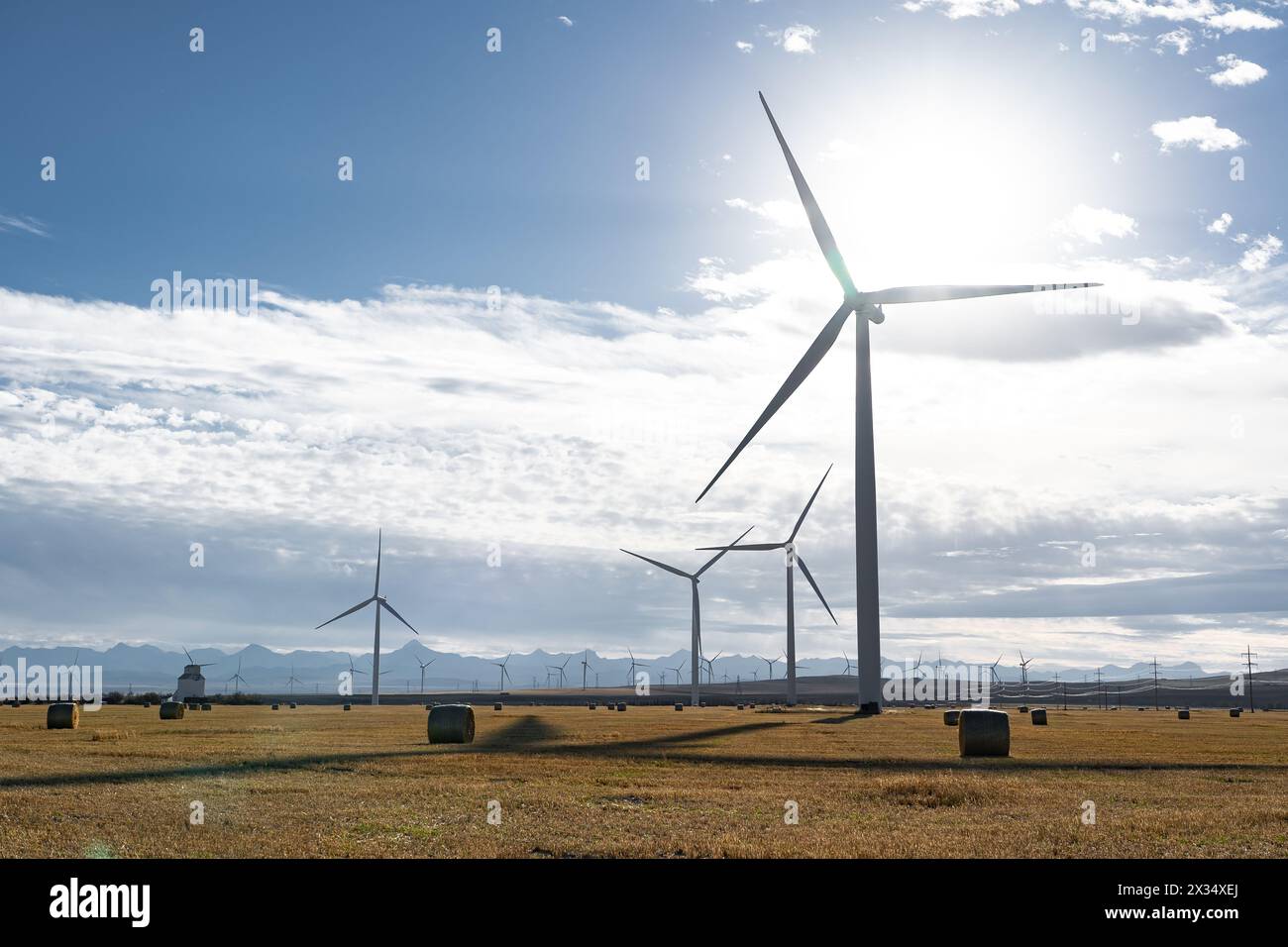 Die Windmühle steht hoch vor der Sonne und blickt auf runde Strohballen auf einer Wiese in Alberta, Kanada Stockfoto