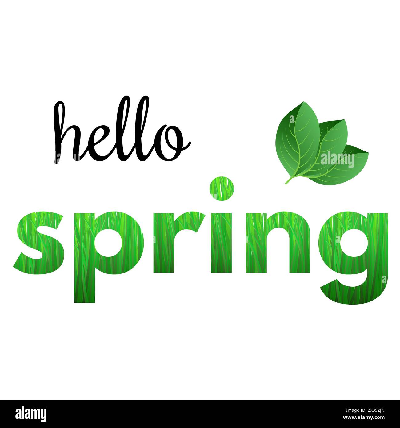 Farbenfroher Satz Hallo Spring aus Gras und mit grünen Blättern. Stock Vektor