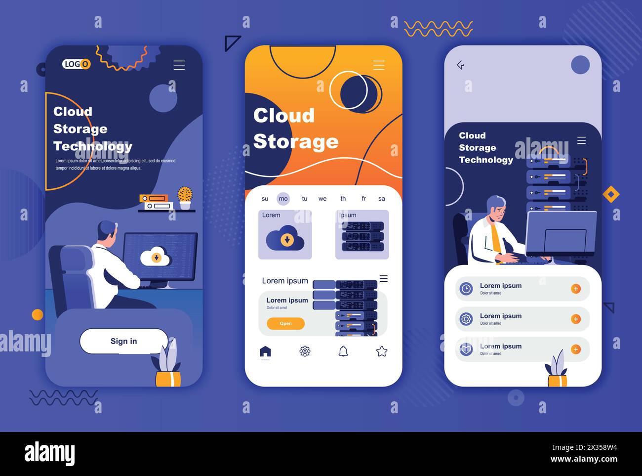 Einzigartiges Design-Kit für Cloud-Speicher für Geschichten aus sozialen Netzwerken. Hosting-Provider, Data Center Service mobile Bildschirmvorlagen für App. UI-UX-Layouts usw. Stock Vektor