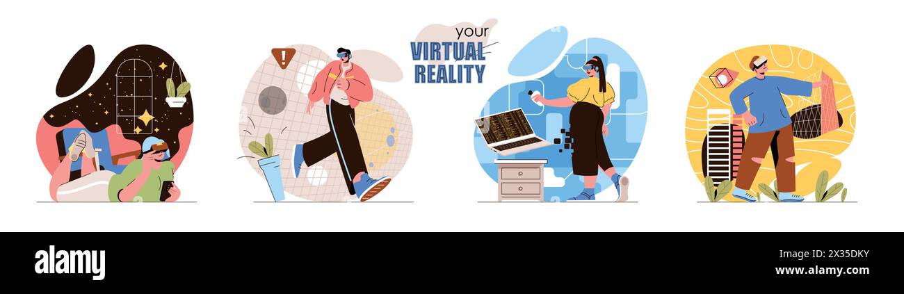Virtual-Reality-Konzept Szenen eingestellt. Männer und Frauen mit VR-Brille spielen Videospiele, erkunden Planeten und Ausflüge. Sammlung von Aktivitäten. V Stock Vektor