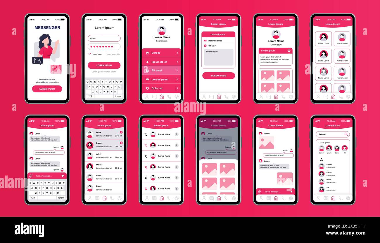Online Messenger einzigartiges Design-Kit für App. Bildschirme sozialer Netzwerke mit Benutzermenü mit Avatar, Kontakten, Chat mit Tastatur. Mobile Messenger UI, UX t Stock Vektor