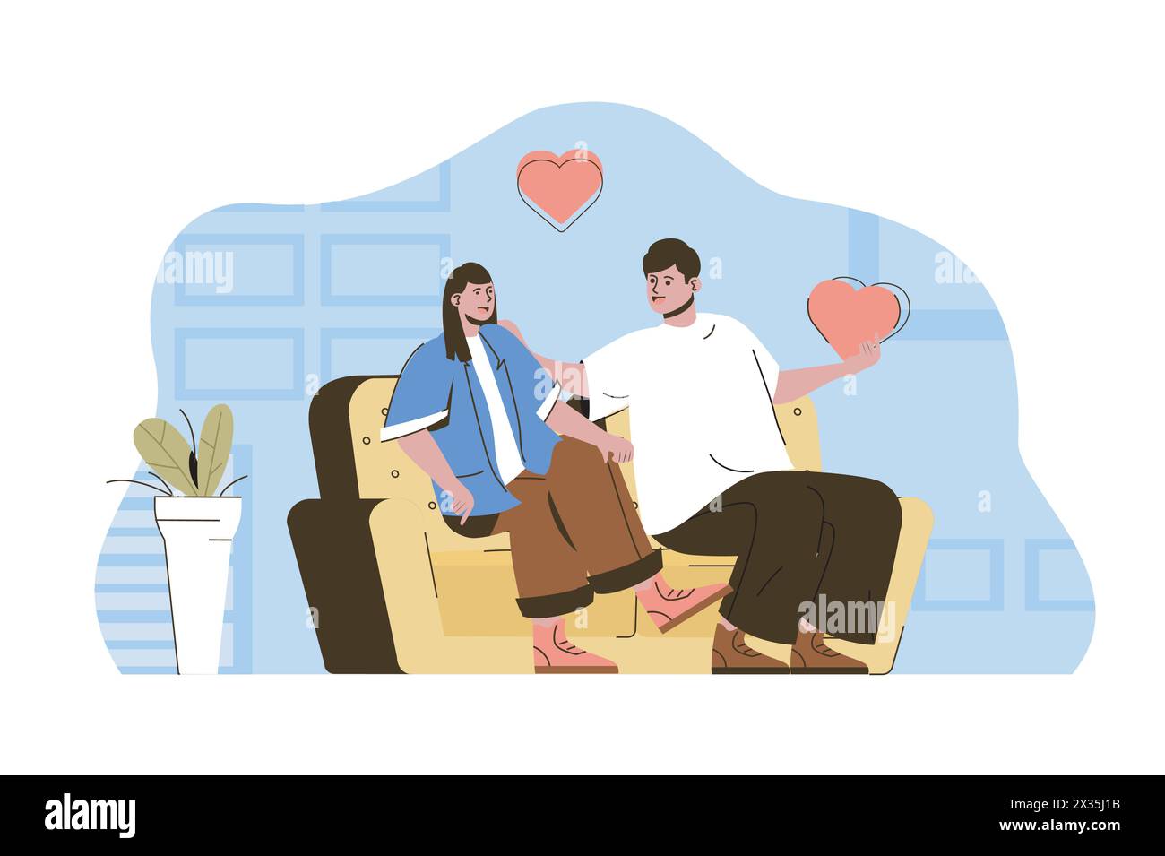 Romantisches Abendkonzept. Mann und Frau sprechen auf der Couch sitzend und Situation. Liebevolles Paar verbringen Zeit zusammen Menschen Szene. Vektordarstellung mit Stock Vektor
