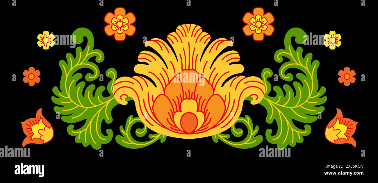 Abstrakte orientalische, östliche, russische gelbe Blumen und Blätter isoliert auf schwarzem Hintergrund. Vektor-Illustration des horizontalen Rahmens. Zur Dekoration, W Stock Vektor