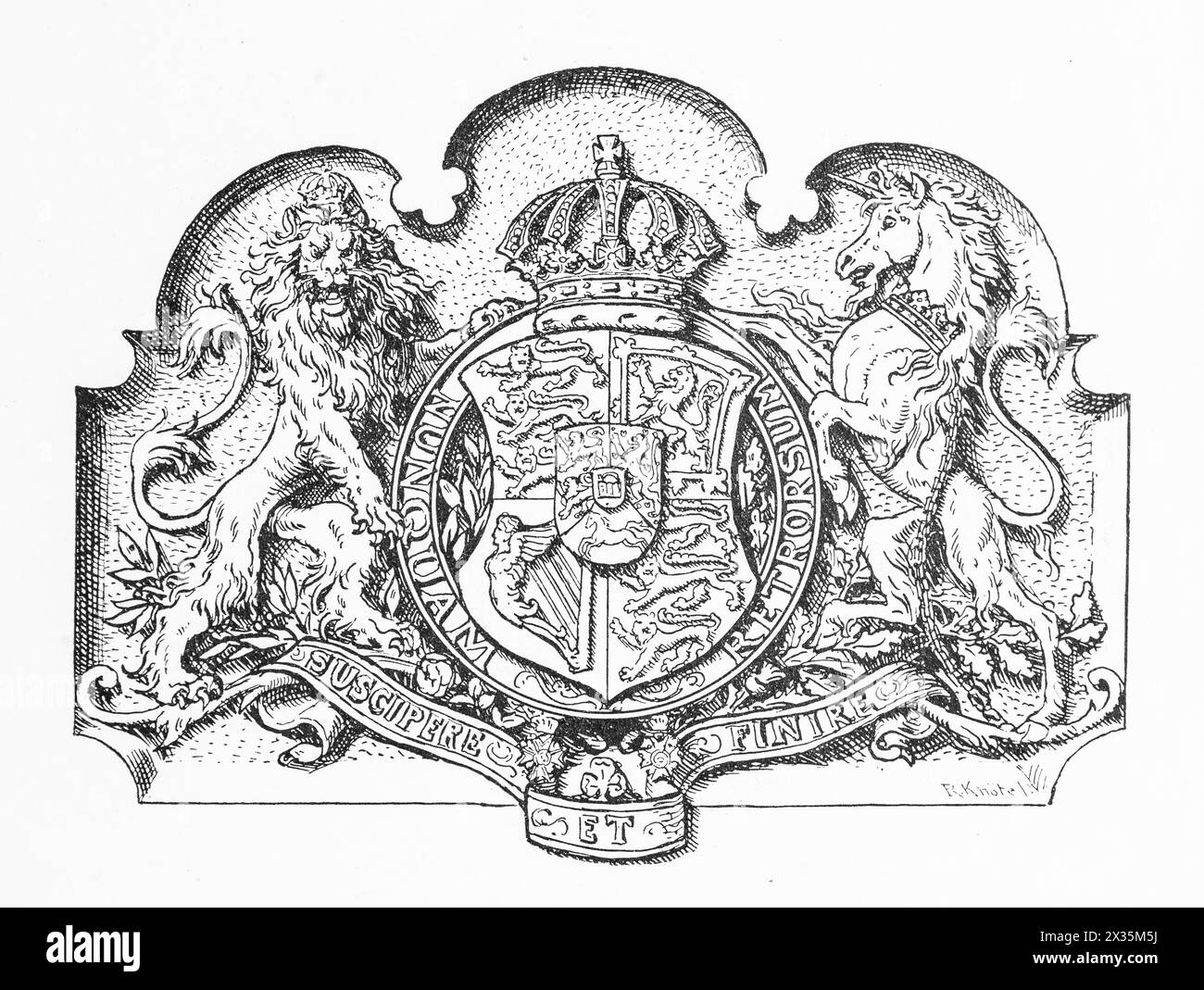 Zeichnung, königliches Wappen 1837, Königreich Hannover, Haus Hannover, Welfen, mit Löwe, Einhorn, Krone, Engel und Pferd, Zentralschild mit Herz Stockfoto