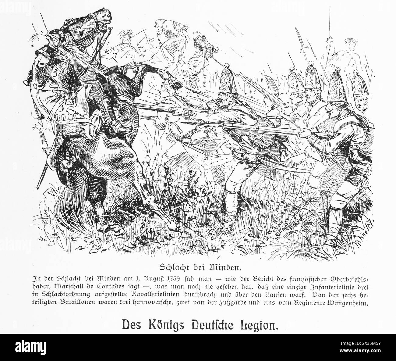 Schlachtszene mit vielen Soldaten zu Fuß und zu Pferd, Schlacht von Minden am 1. August 1759, die deutsche Legion des Königs im Kampf auf einer Wiese, Pferd Stockfoto