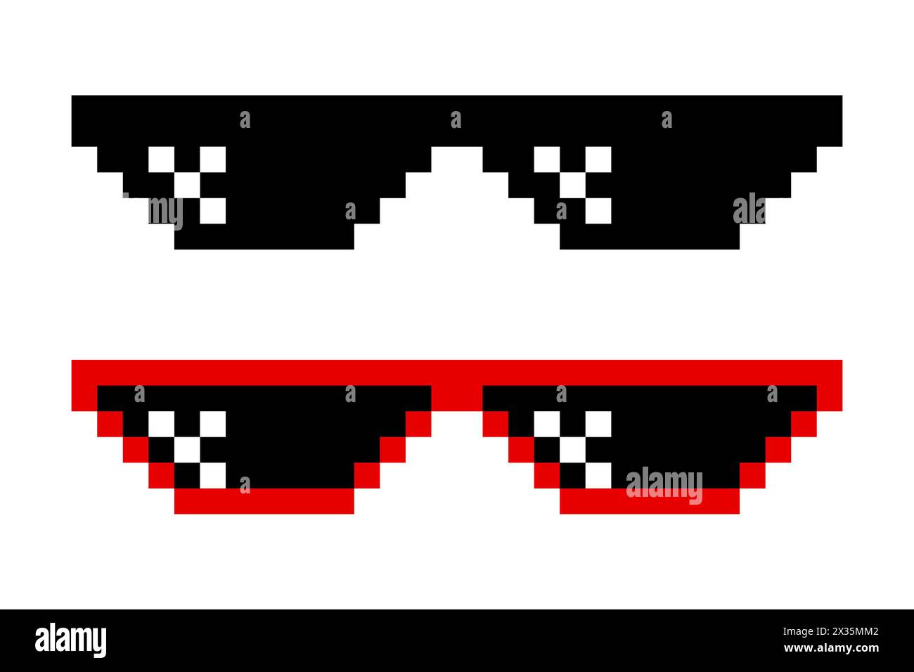 Gepixeltes Sonnenbrillen-Set. Pixel Boss Brille, 8-Bit-Stil. Meme Game 8-Bit Sonnenbrillen Design Template, isoliert Stock Vektor