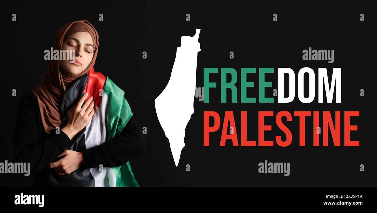 Banner mit muslimischer Frau mit palästinensischer Flagge Stockfoto