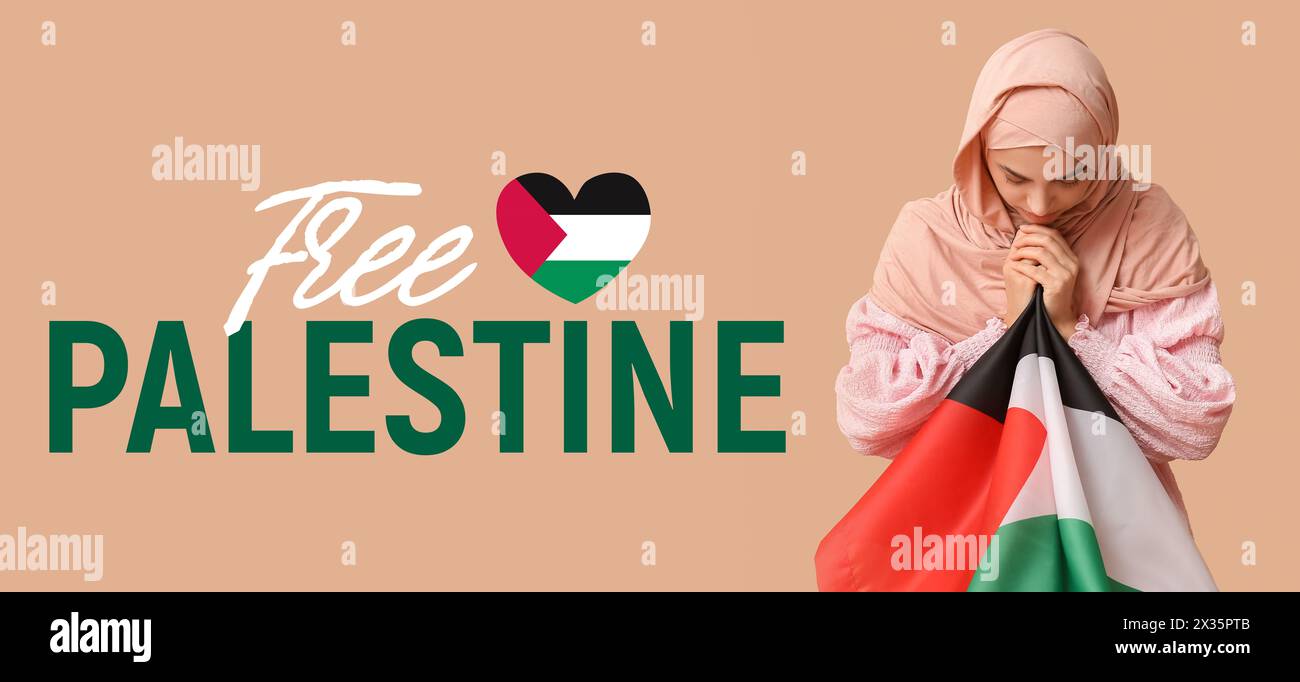 Banner mit betender muslimischer Frau mit palästinensischer Flagge Stockfoto