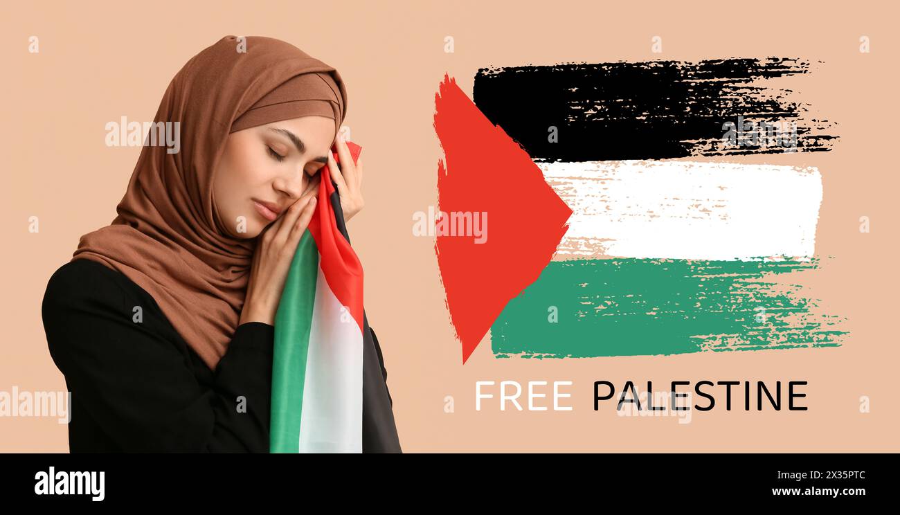 Banner mit muslimischer Frau, die palästinensische Flagge hält Stockfoto