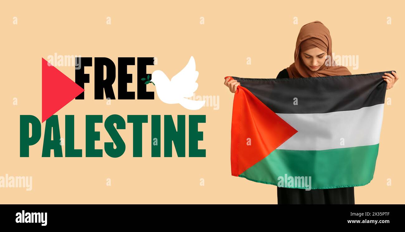 Banner mit muslimischer Frau, die palästinensische Flagge hält Stockfoto