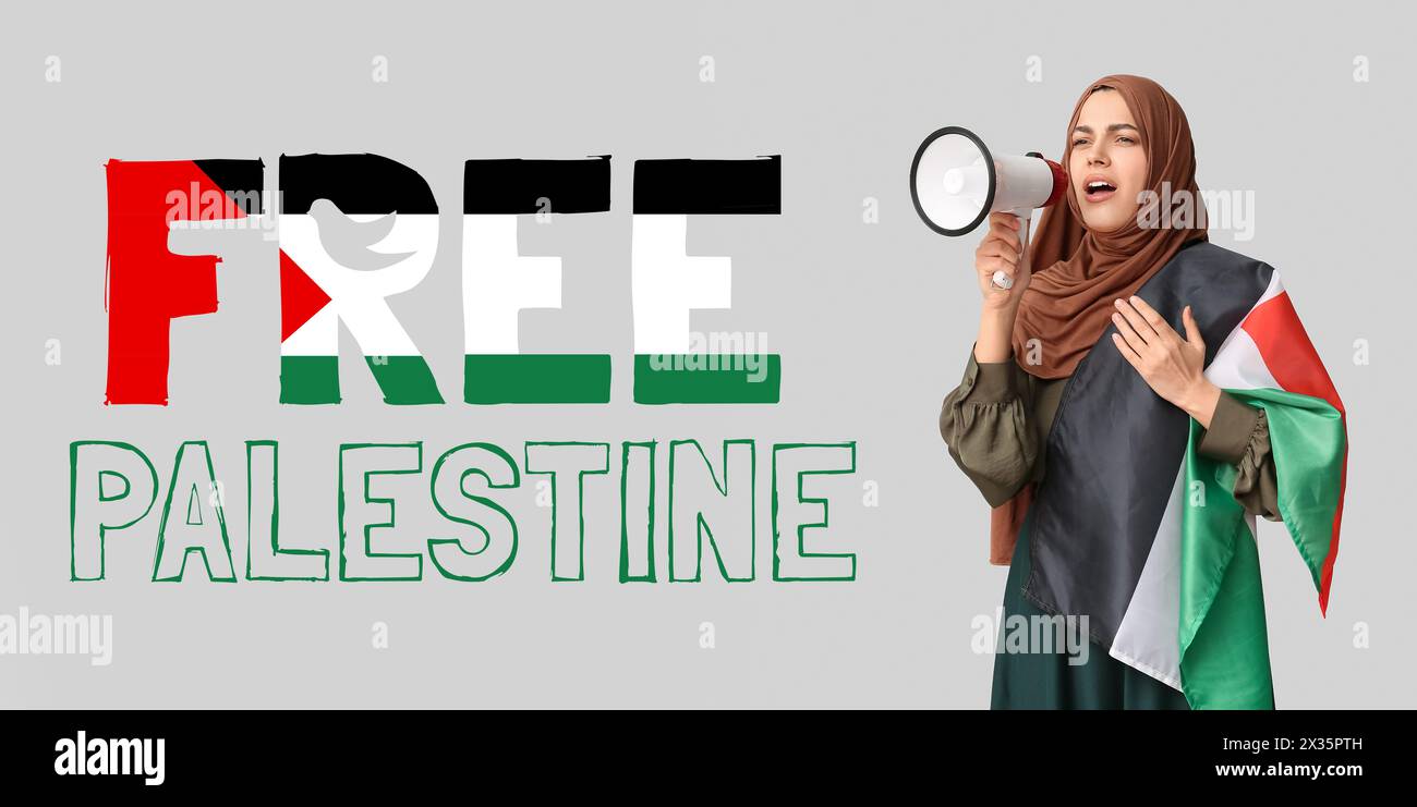 Banner mit muslimischer Frau mit palästinensischer Flagge, die ins Mikrofon ruft Stockfoto
