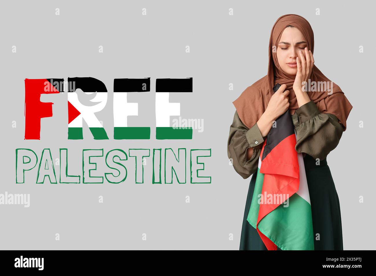 Banner mit weinender muslimischer Frau mit palästinensischer Flagge Stockfoto