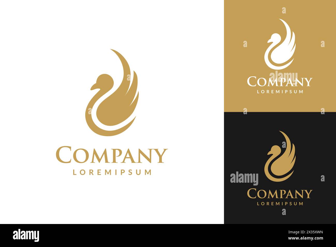 Silhouette-Schwanenlogo mit Firmentext darunter. Der Schwan ist Gold und weiß Stock Vektor