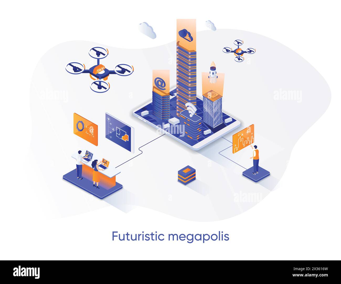 Futuristisches isometrisches Webbanner der Megapolis. Smart City, urban hitech Solution Isometry Konzept. Moderne Architektur und digitale Technologien 3D Szene d Stock Vektor