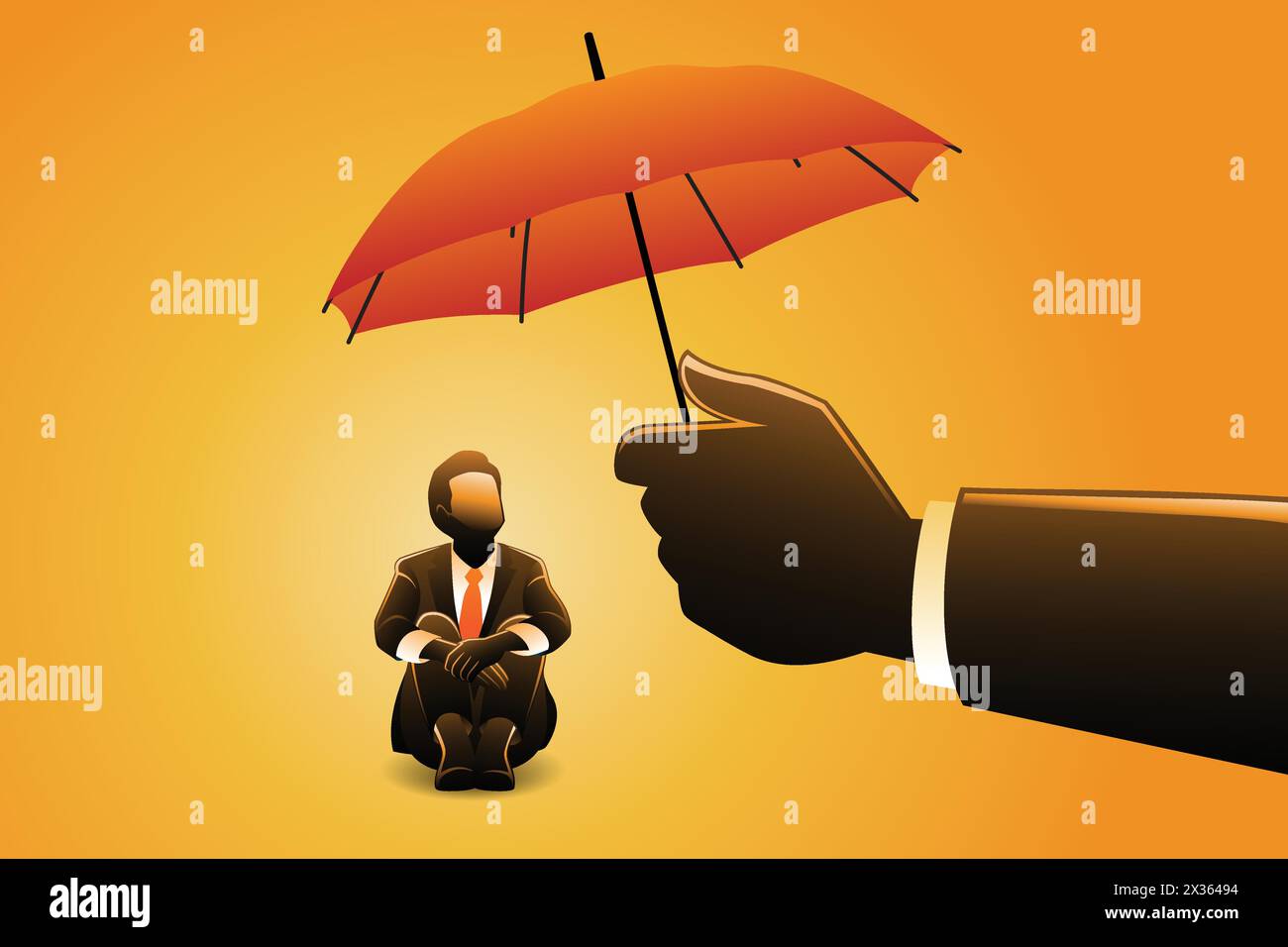 Vektordarstellung des Geschäftskonzepts: Geschäftsmann umarmt Knie unter dem Schirm mit riesiger Hand Stock Vektor
