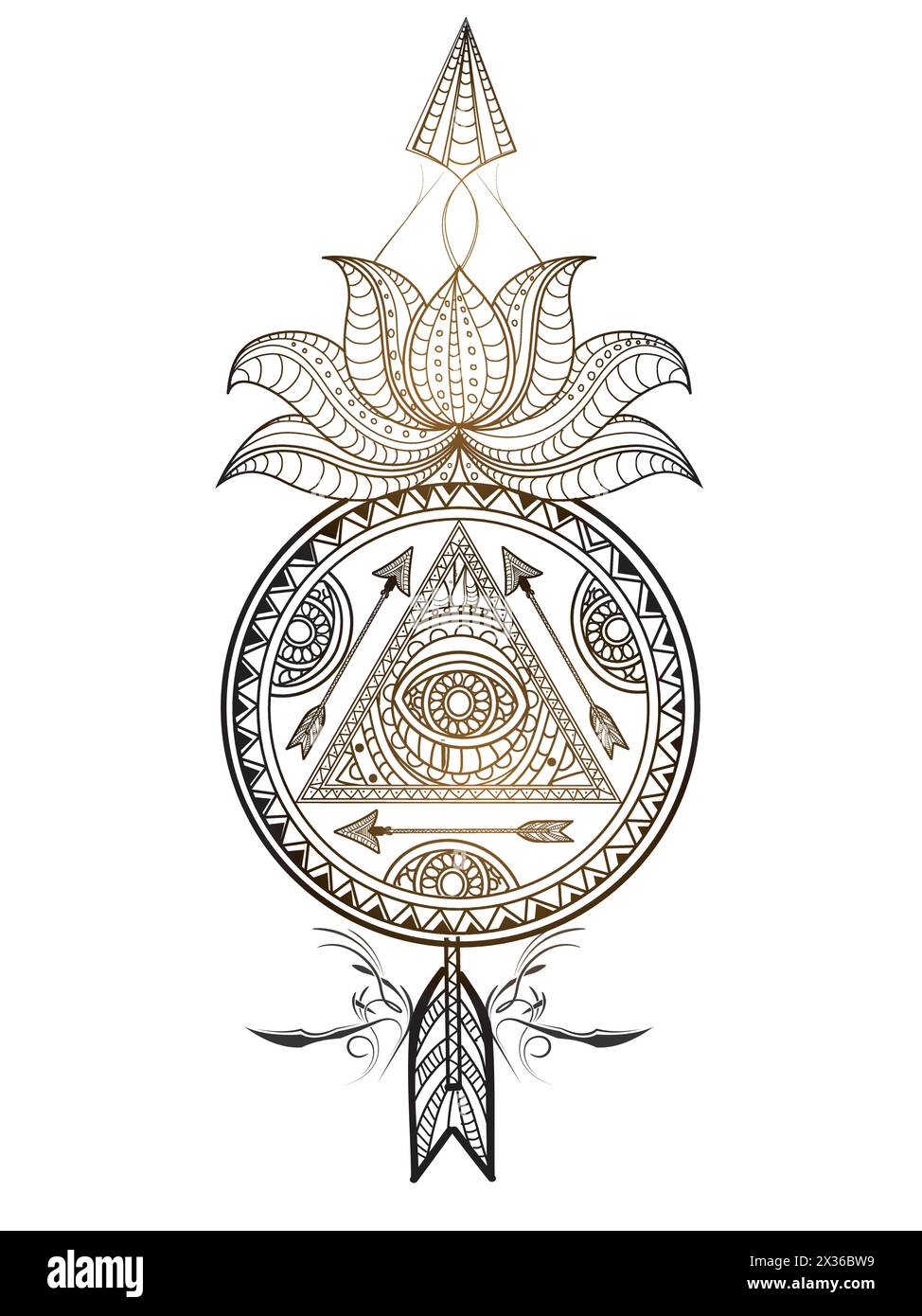 Zierblumen-Traumfänger mit Lotusblume und Pfeil. Kreatives, handgezeichnetes, ethnisches Dekorationselement. Stock Vektor