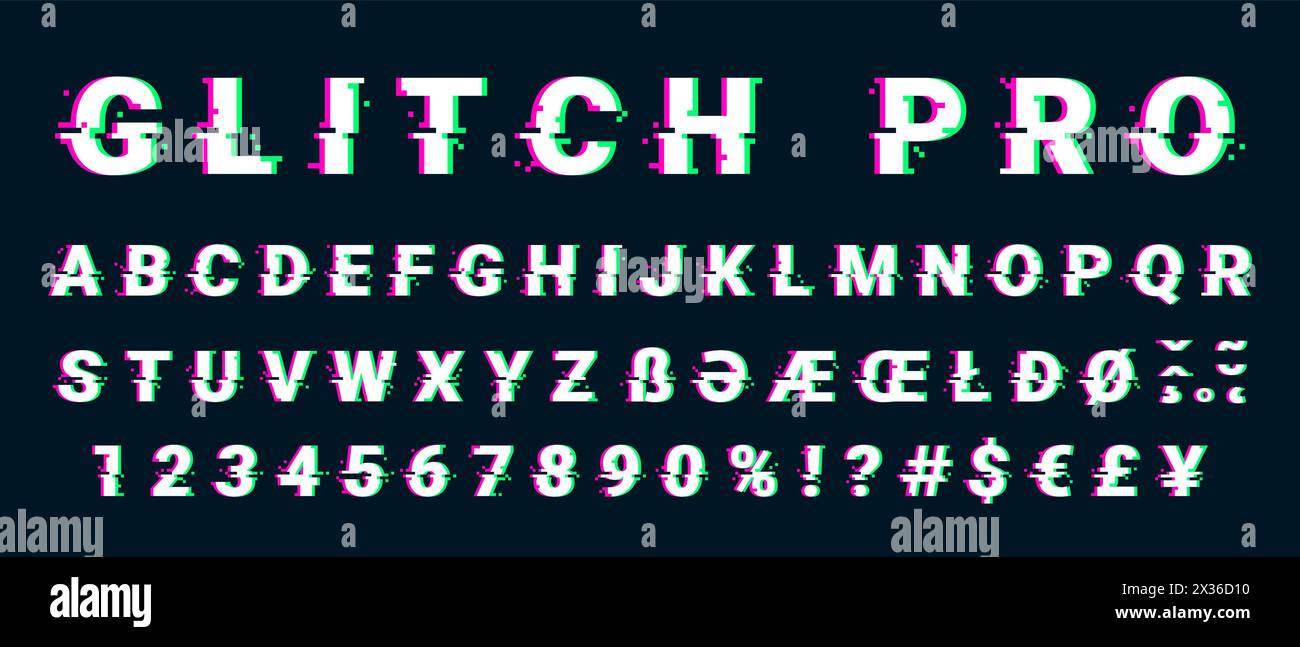 Verzerrter Schriftzug mit unterbrochenem Pixeleffekt. Vector Retro-Videospiel-Alphabet. Alte verzerrte TV-Matrixeffekte. Stock Vektor
