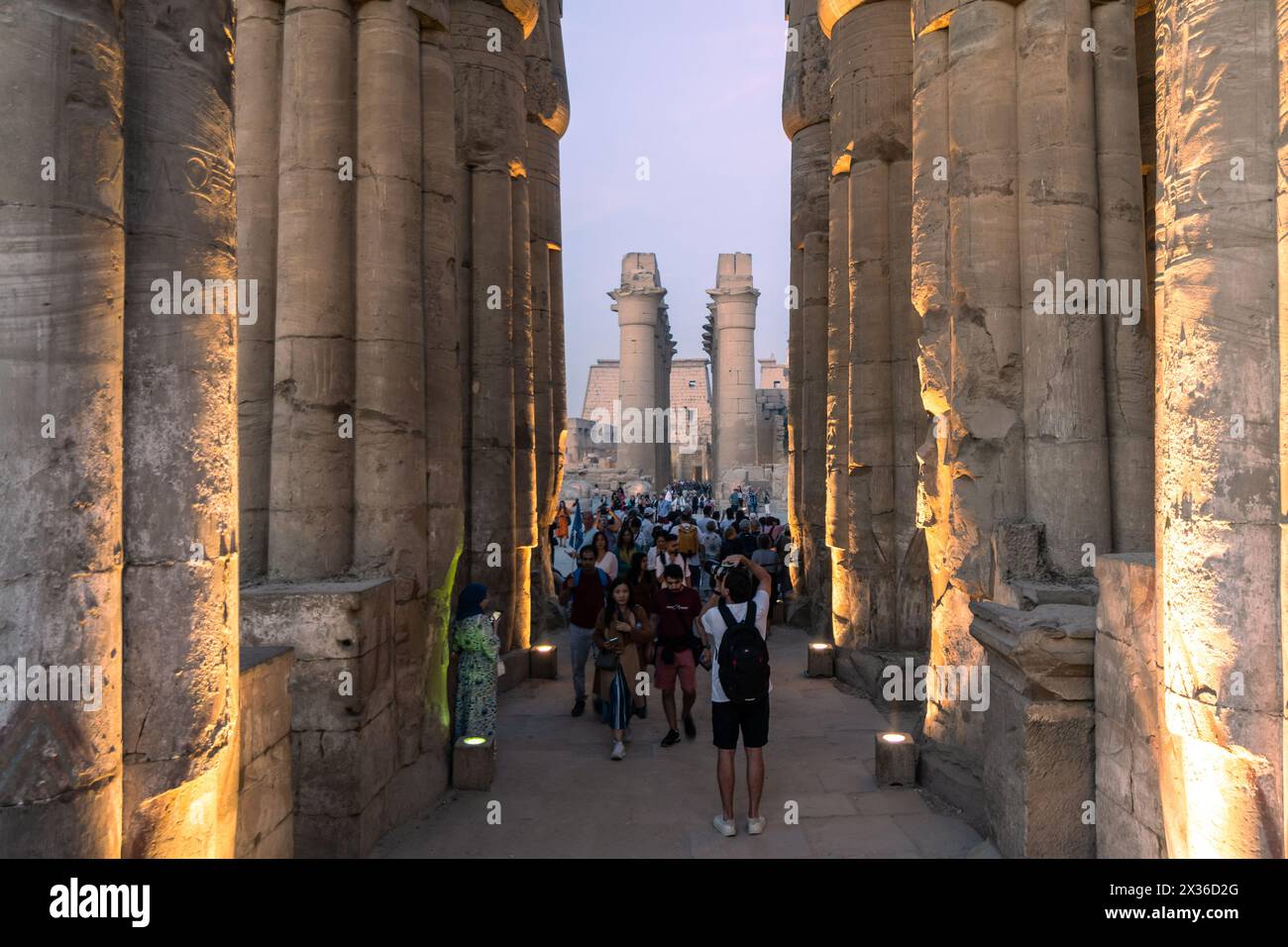 Luxor, Ägypten - 25. November 2023: Touristen besuchen den berühmten Luxor-Tempel in Ägypten mit der beeindruckenden Großen Kolonnadenhalle in der Abenddämmerung Stockfoto