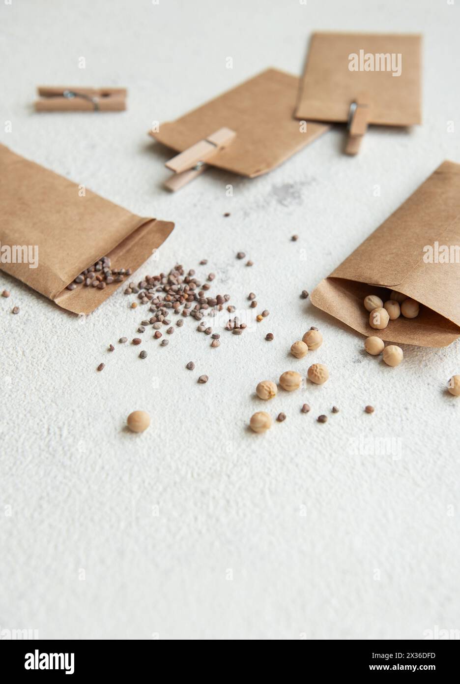 Papiertüten mit Samen zum Pflanzen auf einem weißen Tisch Stockfoto