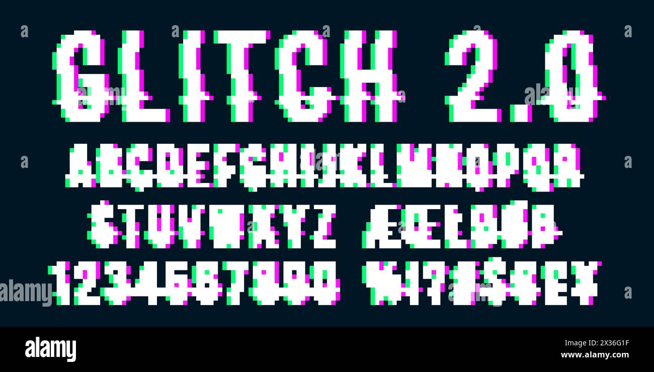 Glitch verzerrte Schriftzeichen mit Störungseffekt bei unterbrochenen Pixelwellen. Vector Retro-Videospiel-Alphabet. Alte verzerrte TV-Matrixeffekte. Stock Vektor