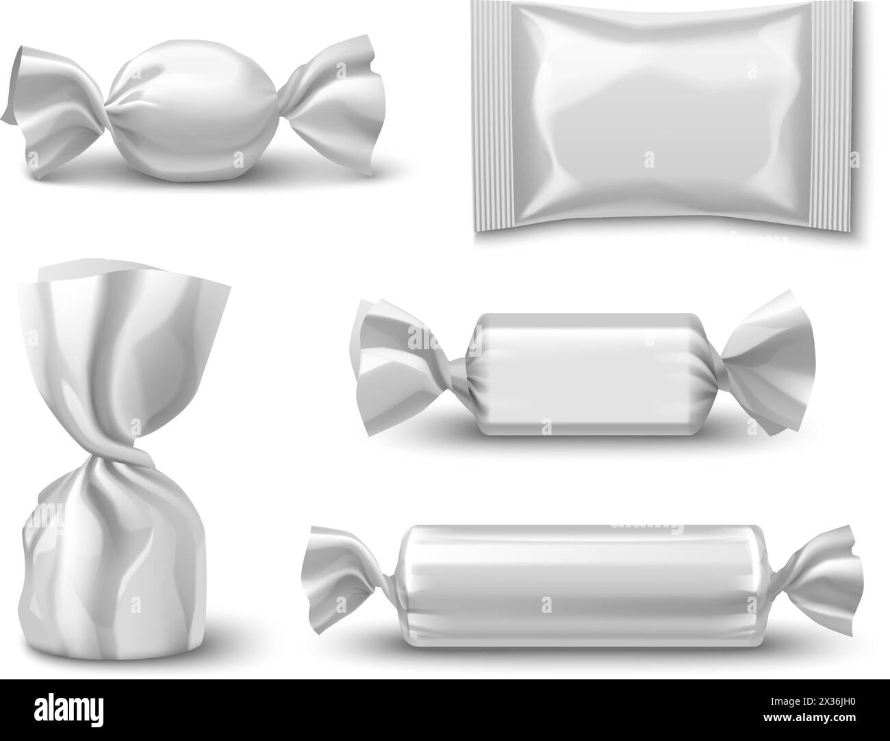 3D Süßschokolade Geschenkverpackung Mockup. Leere weiße, realistische Twist Pack-Verpackung für Bar-, Bonbon-, Keks- oder Karamell-Süßwaren-Design-Set. Folie Papier Zucker Snack Tasche Illustration Stock Vektor