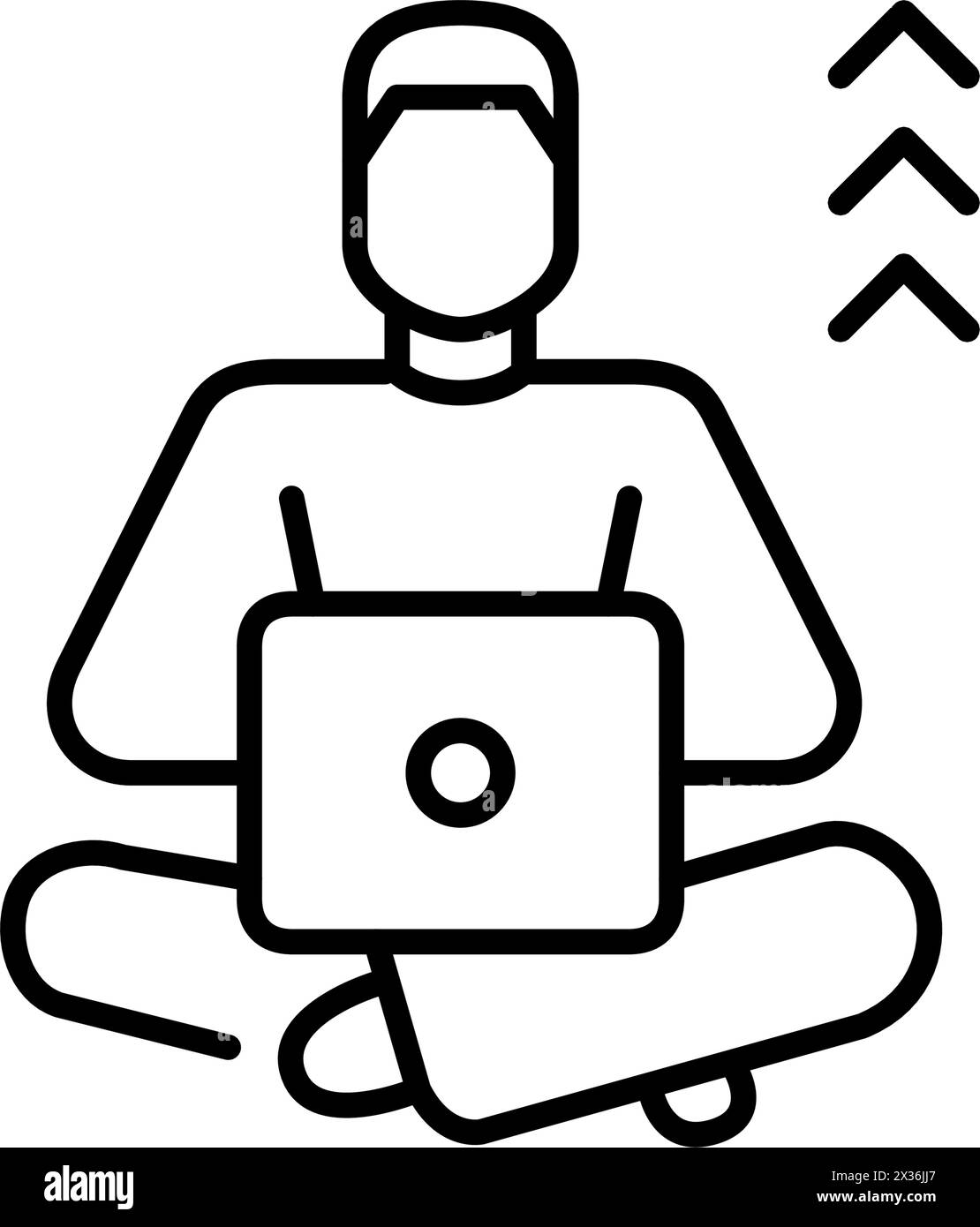 Mann, der am Laptop arbeitet, mit Pfeilen hinter ihr. Karrierewachstum und Erfolg bei Remote-Jobs. Symbol für perfekte Pixel Stock Vektor