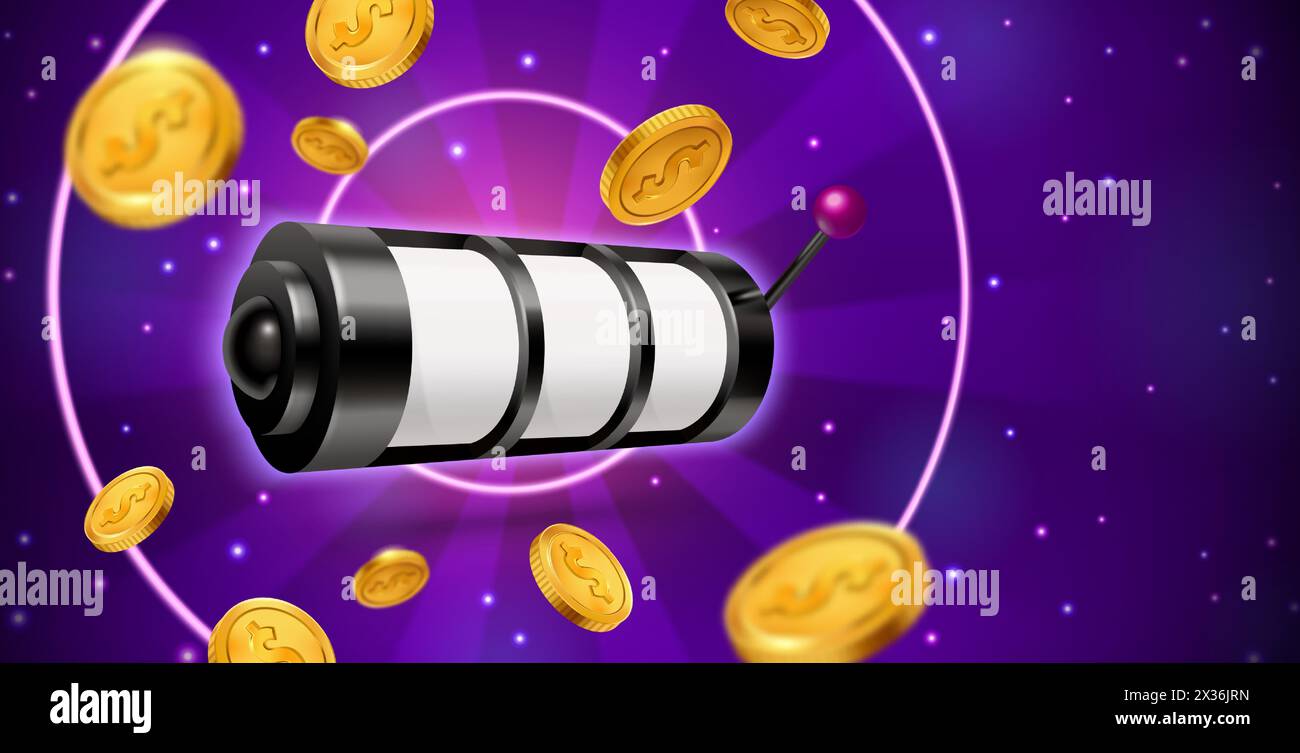 3D-Spielautomat mit Rad und Griffhebel, umgeben von fliegenden goldenen Dollarmünzen. Realistische Vektor-Illustration lila Banner mit Casino Jackpot Spielgerät für Gewinner und Glückschance. Stock Vektor