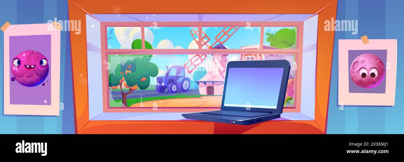 Laptop auf der Fensterbank eines großen Fensters mit Blick auf den Bauernhof mit Windmühle, Traktor und Obstbäumen. Karikaturvektor-Illustration des ländlichen Hauszimmerinneren mit Computer, blauen Tapeten und Bildern. Stock Vektor