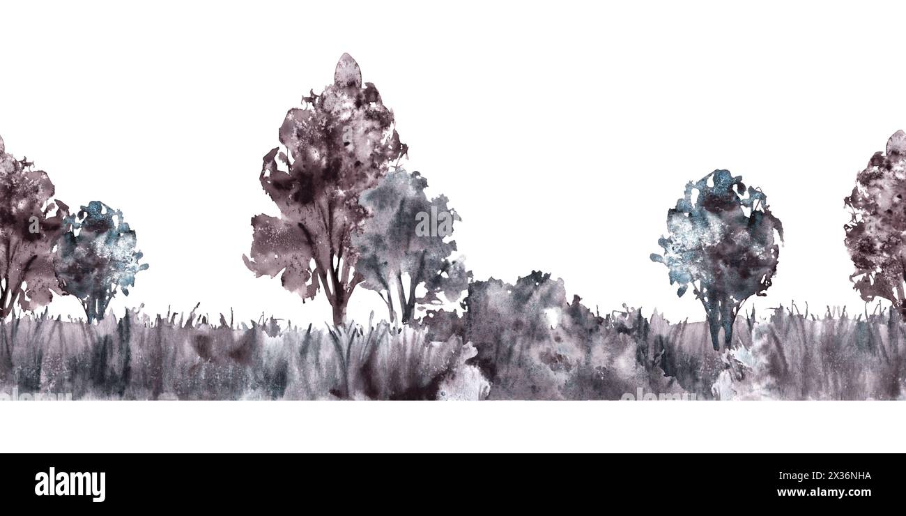 Landschaftsgrenze mit Feld, Wiese, Büschen, Bäumen, Gras. Nahtloses Muster Aquarell monochromatisches Vintage ländliches Natur Clipart für Verpackungsetikett Stockfoto