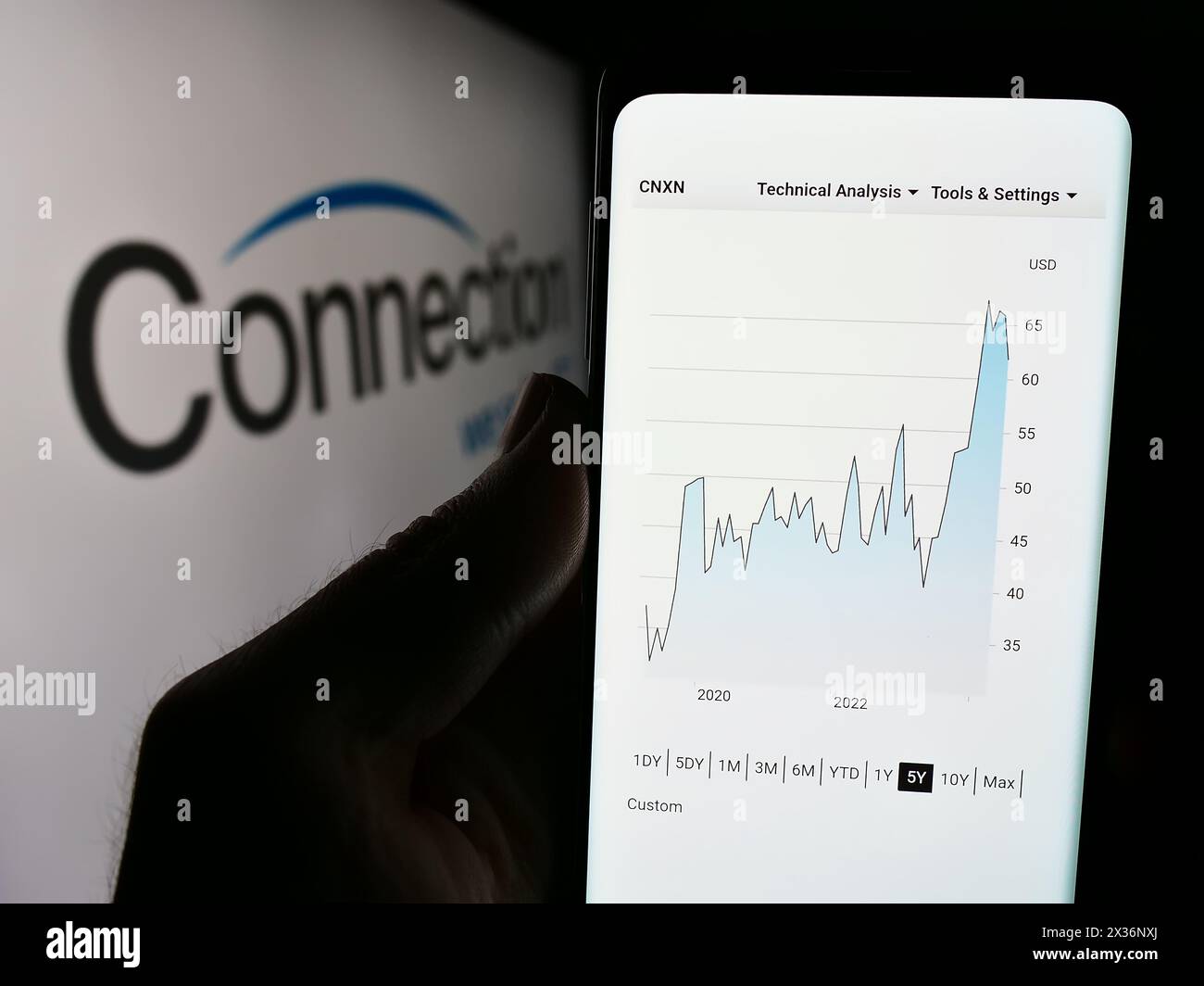 Person, die ein Mobiltelefon hält, mit der Webseite des US-amerikanischen IT-Unternehmens PC Connection Inc. Vor dem Logo. Konzentrieren Sie sich auf die Mitte des Telefondisplays. Stockfoto