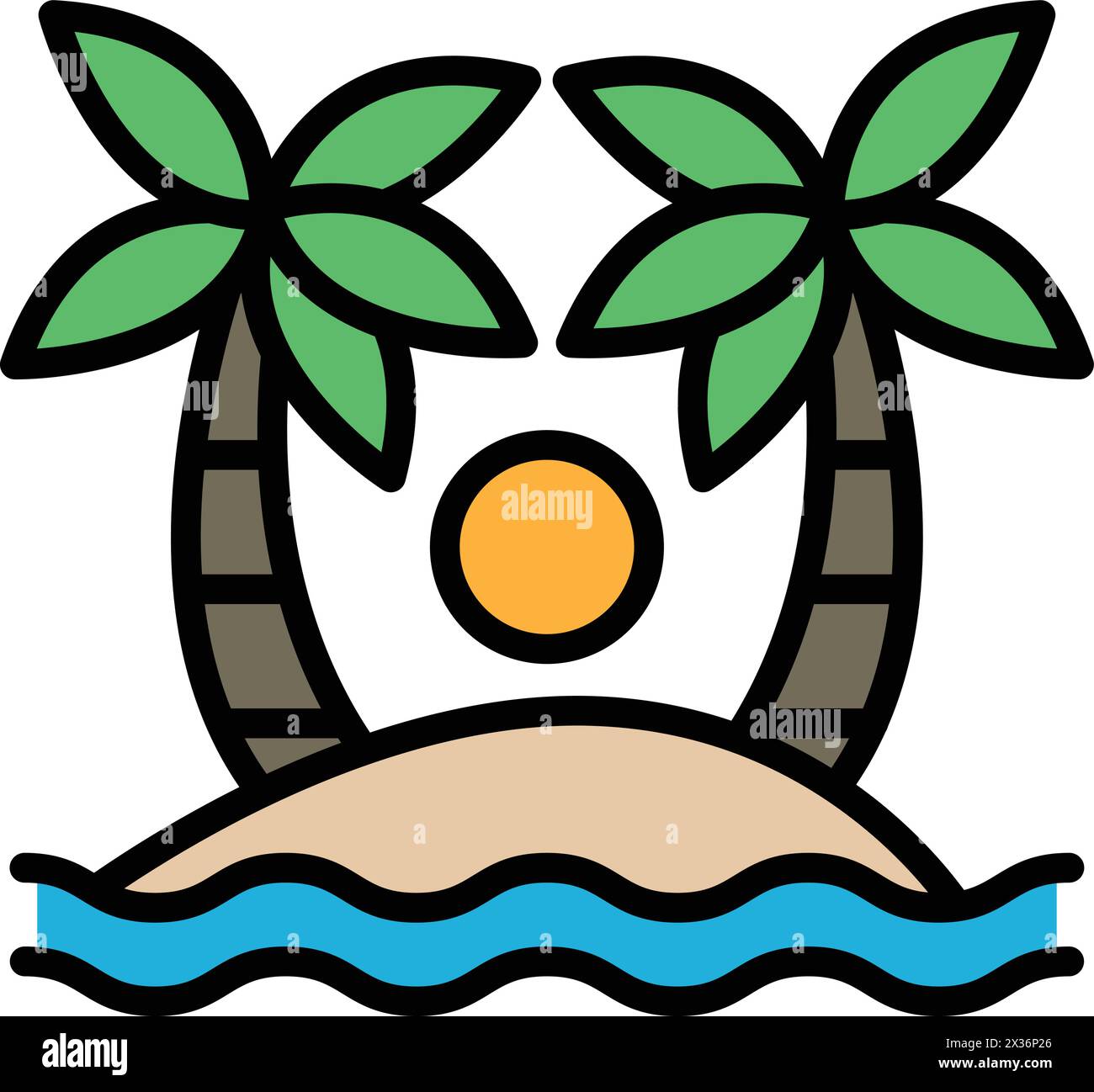 Eine Zeichnung einer Palme mit einer Sonne am Himmel. Die Palme liegt an einem Strand mit dem Meer im Hintergrund. Die Zeichnung hat eine entspannte und friedliche Atmosphäre Stock Vektor