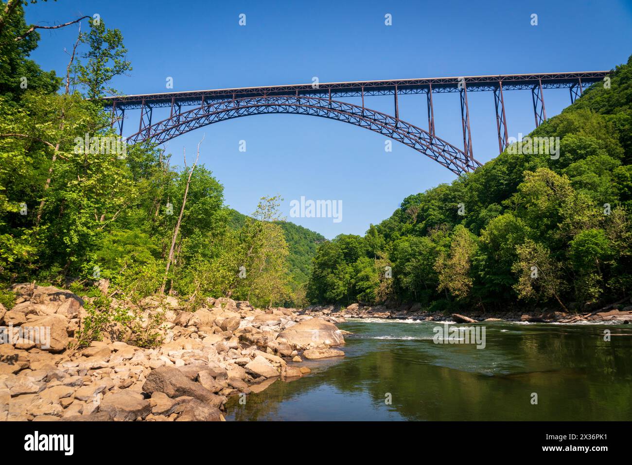 Die New River Gorge Bridge, eine Stahlbogenbrücke, 3.030 Meter lang über die New River Gorge bei Fayetteville, West Virginia, in den Appalachen, Stockfoto