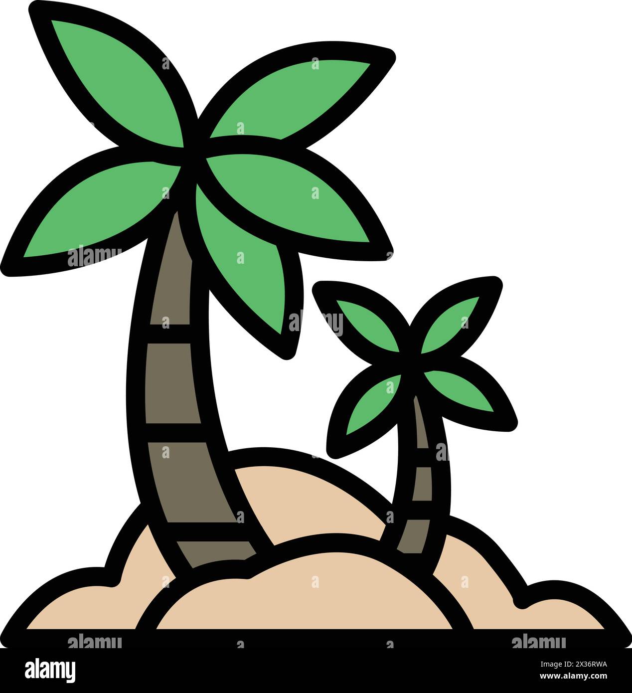 Zwei Palmen stehen an einem Sandstrand. Die Palmen sind hoch und grün und bilden den Hauptfokus des Bildes. Der Strand ist friedlich und Stock Vektor