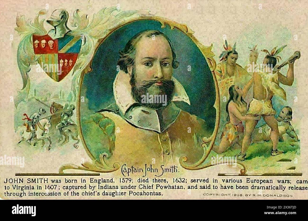 Eine Postkarte in Farbe 1908 mit Captain John Smith ( 1580–1631), einem englischen Soldaten, Entdecker und Kolonialgouverneur, der als Admiral von Neuengland diente. Er war auch Autor. Er spielte eine wichtige Rolle bei der Gründung der Kolonie in Jamestown, Virginia. Außerdem war er Anführer der Virginia Colony. Stockfoto