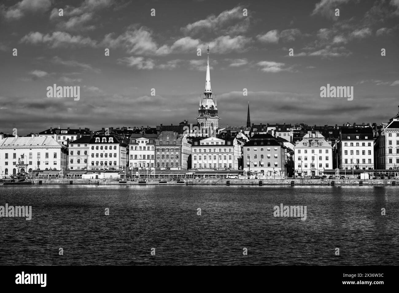 Panoramablick auf farbenfrohe Häuser in der schwedischen Altstadt: Gamla Stan, am Ufer des Meeres in Stockholm, Schweden. Schwarzweiß-Fotografie. Stockfoto