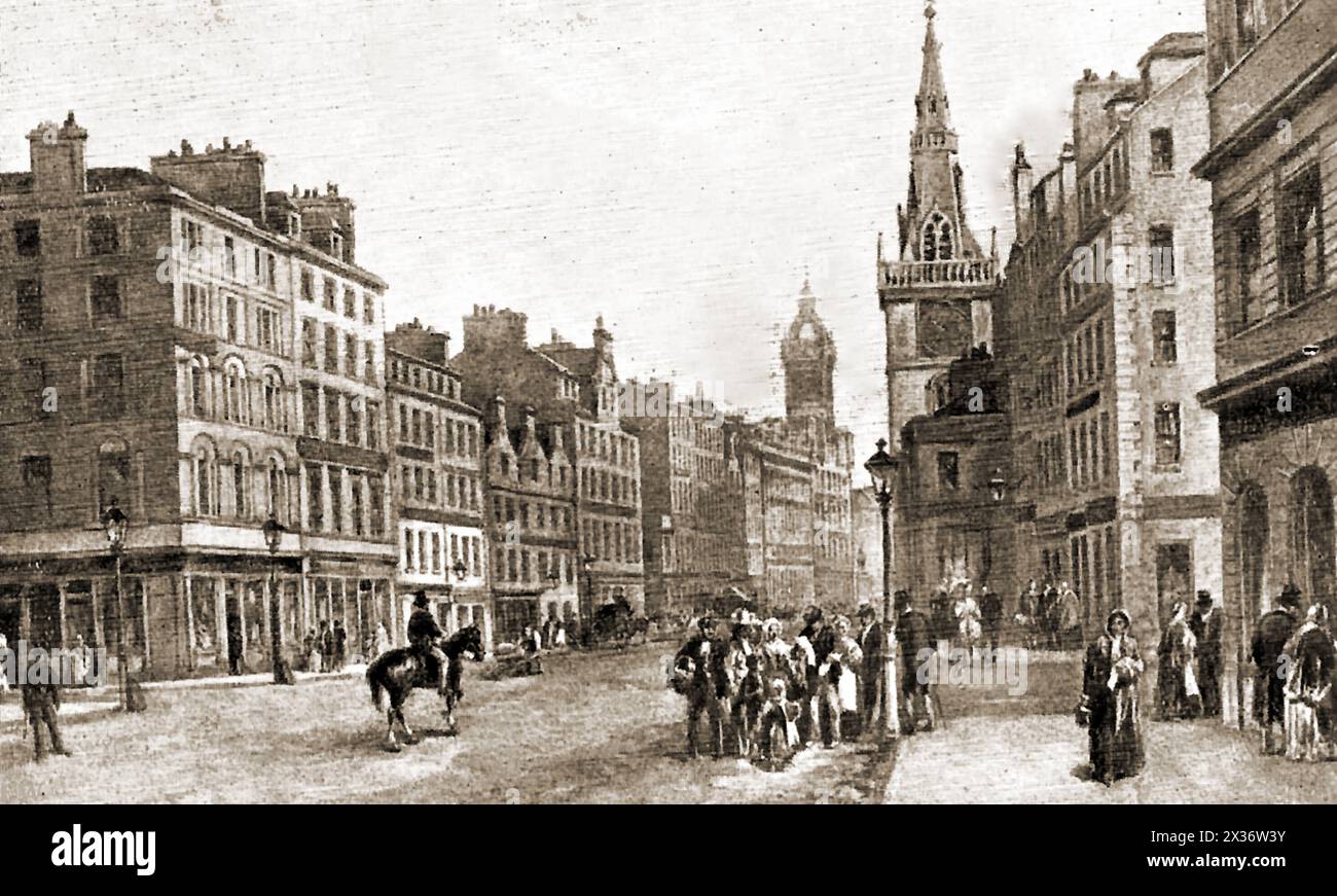 Eine alte Szene im Trongate, Glasgow, Schottland, in den Tagen vor dem Transport. Der Name ‚Trongate‘ bezieht sich auf das Tor oder den Eingang durch die Stadtmauern, wo bei der Einfahrt in die Stadt ein Balken zum Wiegen der Waren verwendet wurde. Stockfoto