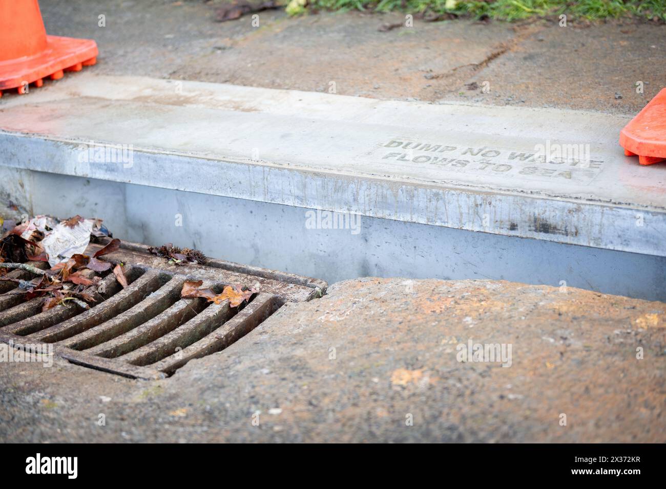 Abdeckung des Abflussgitters am Straßenrand. Müllkippe kein Abfallfluss zum Meer, aufgedruckt auf der Betonaufkantung über der Abflussabdeckung. North Shore; Auckland. Stockfoto