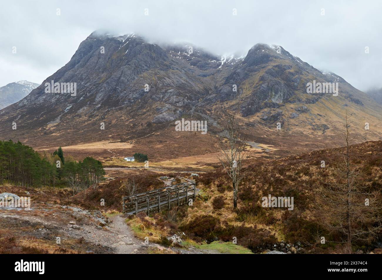 Blick vom West Highland über Glencoe zum bewölkten Stob Dearg (L) und Buchaille Etive Mor (R) Stockfoto